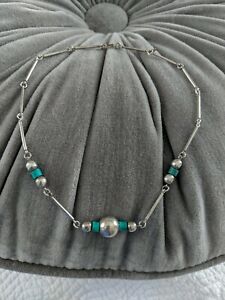 Vintage Mexico Turquoise Beads & 925 Bench Beads Necklace 15” Signed MMB