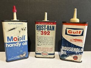 New ListingVintage Oil Cans Moblil-Esso-Gulf  House Hold Oil Lot