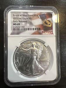 2022 W Eagle S $1 SILVER EAGLE NGC MS 69 EARLY RELEASES PURPLE HEART LABEL