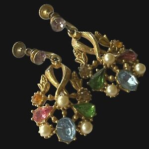 Womens Unique Vintage Screwback Pastel Stones Pearls Gold Tone Drop Earrings