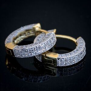 Men’s Small Two Tone Gold Plated Sterling Silver  Iced Cz Huggie Hoop Earrings
