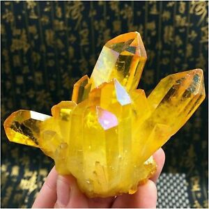 Natural Aura Yellow Citrine Crystal Titanium Cluster Healing Mineral Specimen