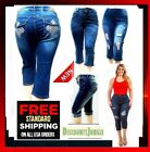 WOMEN'S PLUS SIZE Stretch BLUE denim Jeans CAPRI Distressed Ripped 14 to 24