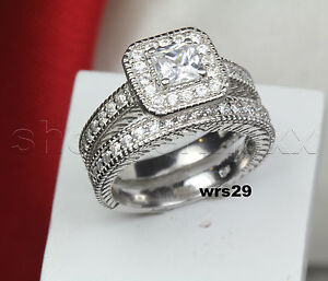 BEAUTIFUL CLASSIC 2.3C STERLING SILVER CZ ENGAGEMENT RING WEDDING RING HALO SET