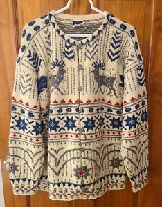 DALE OF NORWAY Deer Print Wool Button Down Ski Knit Cardigan Sweater Sz L