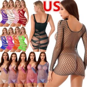 US Womens Sexy Fishnet Mini Dress Bodycon See Through Dresses Babydoll Nightwear