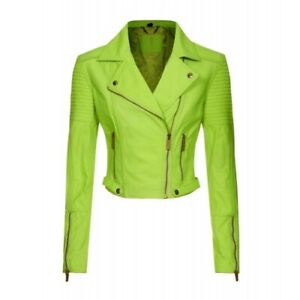 NEON Yellow Branded Quilted Ladies Biker Leather Jacket Sizes6 AND8 UK XMAS SALE