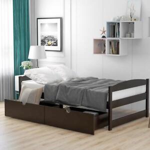 Twin Size Platform Bed with 2 Storage Drawers Pinewood Single-layer Bed Espresso