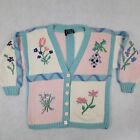 Vintage Women Sweater Cardigan Medium Blue Pink Floral Hand Knit Grandma Y2k 90s