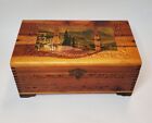 Vintage Carved Cedar Wood Jewelry Box With European Scene And Inlay Mirror