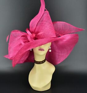 M23157(Hot Pink)Kentucky Derby Church Wedding Wide Easter Brim Sinamay Dress Hat