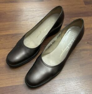 Salvatore Ferragamo Bronze Brown Leather Wedge Heels Pumps US Size 7.5 Office