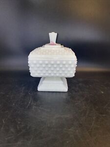 VTG Fenton Milk Glass Hobnail Wedding Cake Box w/ Lid, Footed Candy Dish, Square