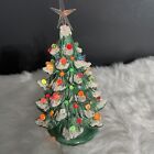 Vintage Green Ceramic Flocked Light Up Christmas Tree Lamp Decoration 9.5 In