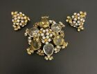 Signed SCHREINER NY Brooch/Pendant & Earrings Set Jelly Belly Citron Milk Stone