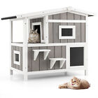 Costway 2-Story Wooden Cat Shelter Outdoor Feral Cat House with Escape Door