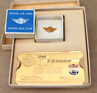 United Airlines 100,000 Mile Club Brass Member Card & Gold Filled Wings Pin 1948