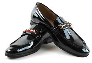 Men's Patent Black Slip On Gold Buckle Dress Shoes Loafers Formal By AZARMAN