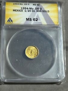 1994 Mexican Libertad 1/20oz .9999 Gold Coin ANACS MS62 * Low Minted * Rare *