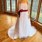 JJ's House White Lace Tulle Strapless Red Sash Wedding Gown Bridal Dress Size 30