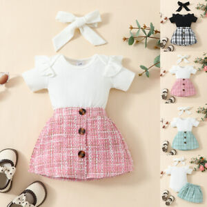 Baby Kid Girls Solid Check Cute Plaid Princess Short Sleeveless Dress Party Gown