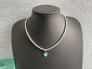 Tiffany-&-Co Return to Tiffany Blue Enamel Mini Heart Bead Necklace.
