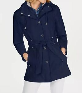 NAUTICA women's size SMALL spring trench rain coat Navy Blue belted hood