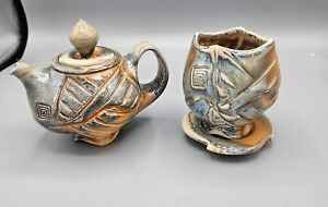 Rare hand thrown Pottery Creamer Art Studio Set Cup Saucer Tea Pot Stamped