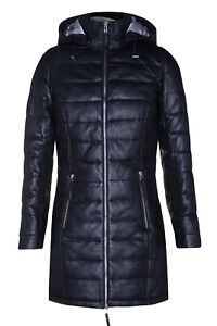 Women's Black Leather Puffer Jacket Quilted Overcoat Hooded Trench Parka Coat
