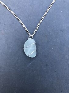 Pale Aqua Genuine Sea Glass Necklace With Silver Plated Necklace Chain
