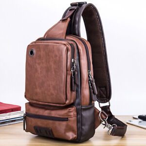 Men's Sling Backpack PU Leather Large Capacity Cross Body Bag Chest Shoulder Bag