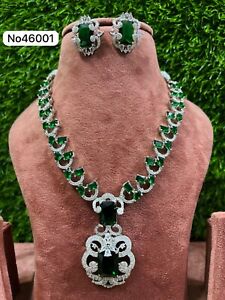 Indian Bollywood Silver Plated Ethnic AD CZ Jewelry Earrings Necklace Bridal Set