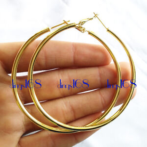 18K Yellow Gold Filled Round X-Large LIGHT WEIGHT Hoop Fashion Earrings H5G-60mm