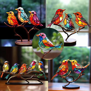 Stained Birds On Branch Desktop Ornaments Acrylic Colorful Birds Table Decor