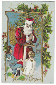 Postcard Christmas Santa Claus 2 Children Toys