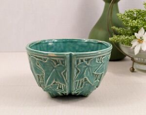 Vintage McCoy Unmarked Pottery Ivy Turquoise Hanging Basket Planter 3 Footed