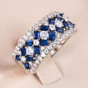 Luxury 925 Silver Women Engagement Jewelry Blue Sapphire Wedding Ring Size 6-10