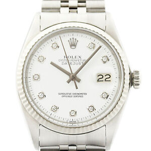 Rolex Mens Datejust 18K White Gold & Stainless Steel White Diamond Dial Watch