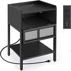 Nightstand with Charging Station End Table with Drawers, Black