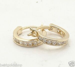 Channel Set Diamonique CZ Hoop Earrings 14K Yellow Gold Plated Real 925 Silver
