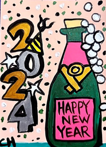 ACEO ORIGINAL HAPPY NEW YEAR 2024 Acrylic & Gouache PAINTING NEW