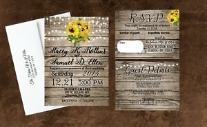 Sunflower Wedding Invitations Rustic Personalized With Envelopes and RSVP 50