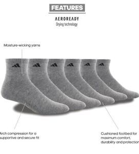 adidas Performance High Quarter Men's Socks, Size 6-12 - Gray (6 Pair(
