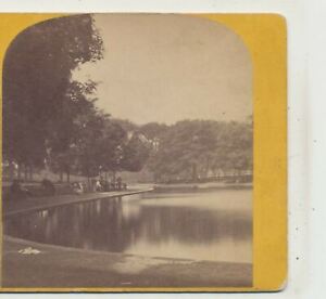 People Sitting Frog Pond Boston Common MA American Stereoscopic Stereoview c1870