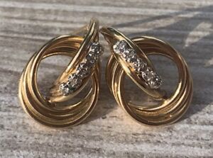 14K Yellow Gold Interlocking Hoop 5 Stone Diamond Pierced Earrings 2.27g