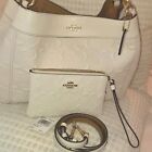 Coach Cream Debossed Signature Leather Crossbody Bag With Matching Wristlet