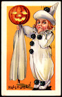 Halloween Child In Pierrot Clown Suit Lit Pumpkin Staff antique postcard