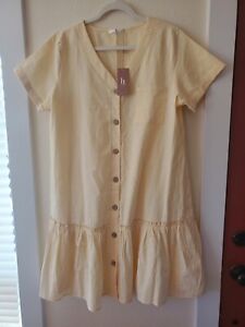 Hotouch Women's Dress Button Down Loose Summer Cotton Linen Ruffles Mini Dress