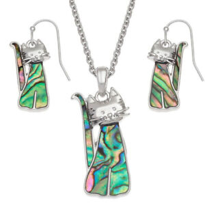 Tide Jewellery inlaid blue Paua shell cute sitting cats pendant and earring set