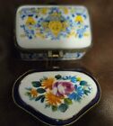 Lot of 2 Vintage Porcelain Top Painted Hinged Trinket Pill Boxes Stash Box
